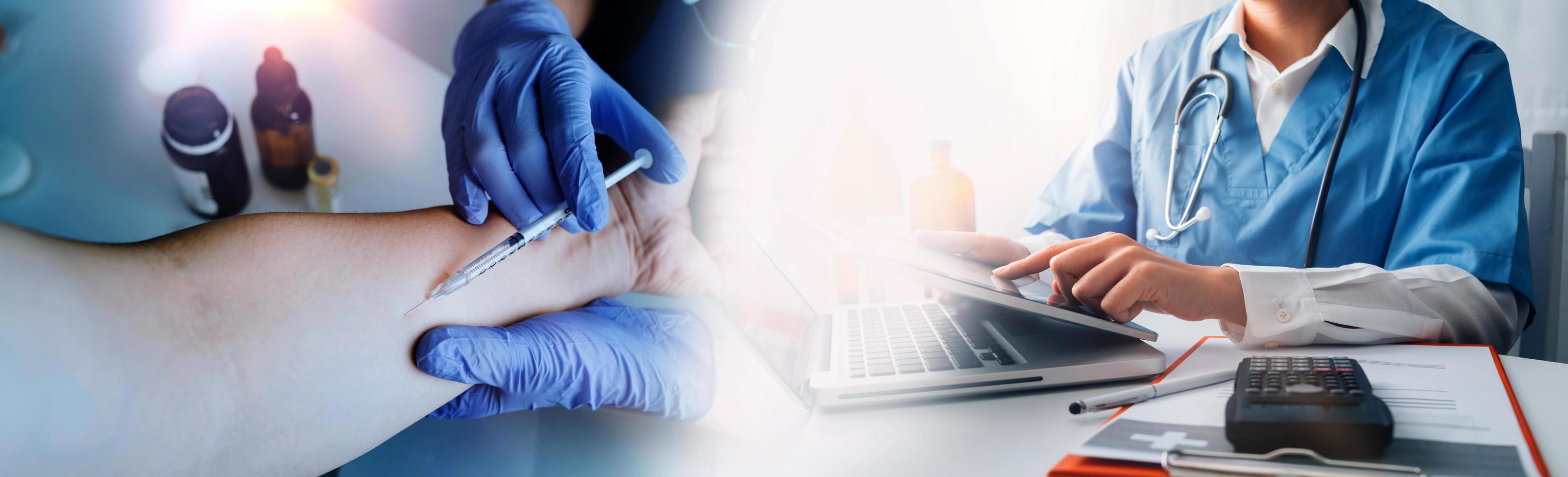 Double exposure of Doctor working with modern virtual screen interface, Healthcare And Medicine concept, Blurred background. photo
