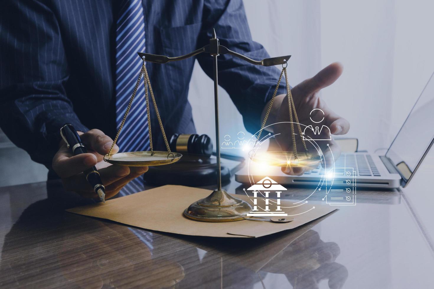 Business and lawyers discussing contract papers with brass scale on desk in office. Law, legal services, advice, justice and law concept picture with film grain effect photo