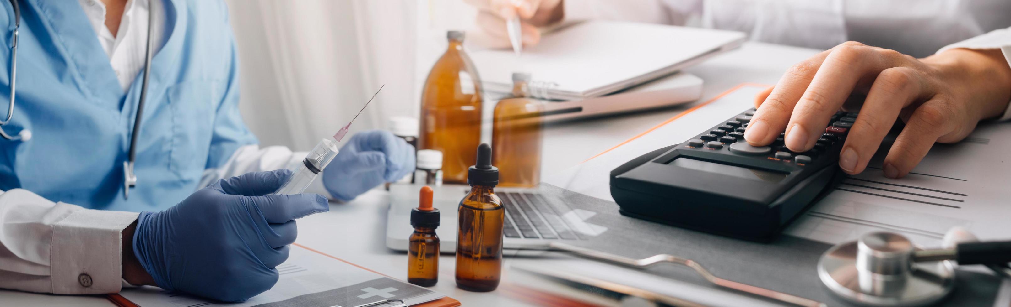 Medicine doctor hand working on a patients x-ray scans digital healthcare and connection with modern virtual screen interface icons, Medical technology and network concept. photo