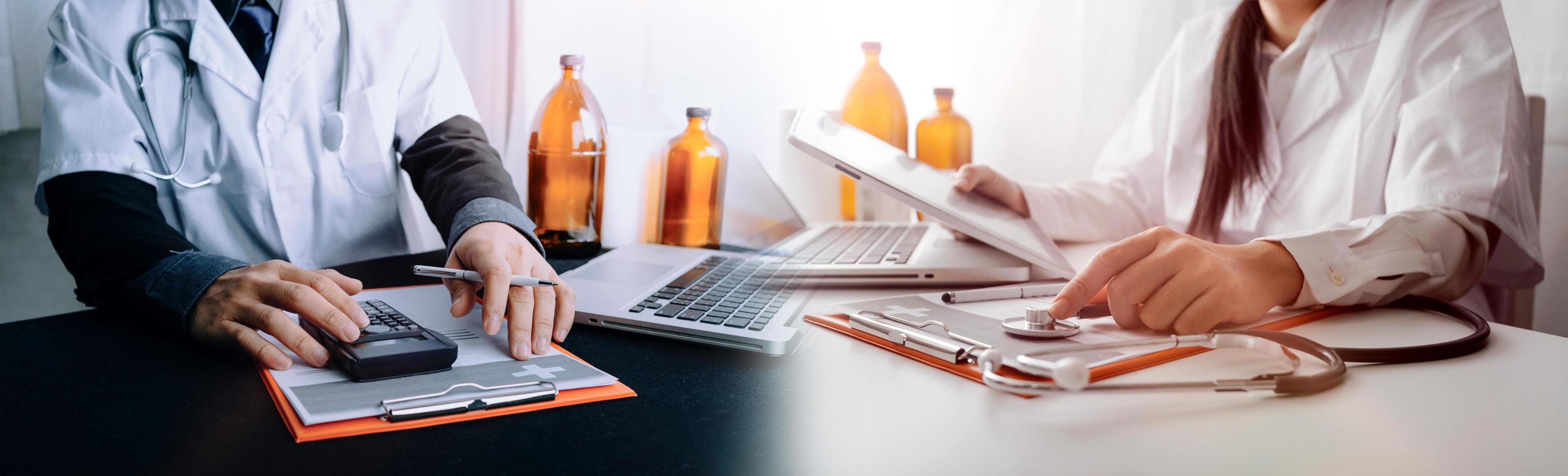 Medicine doctor hand working on a patients x-ray scans digital healthcare and connection with modern virtual screen interface icons, Medical technology and network concept. photo