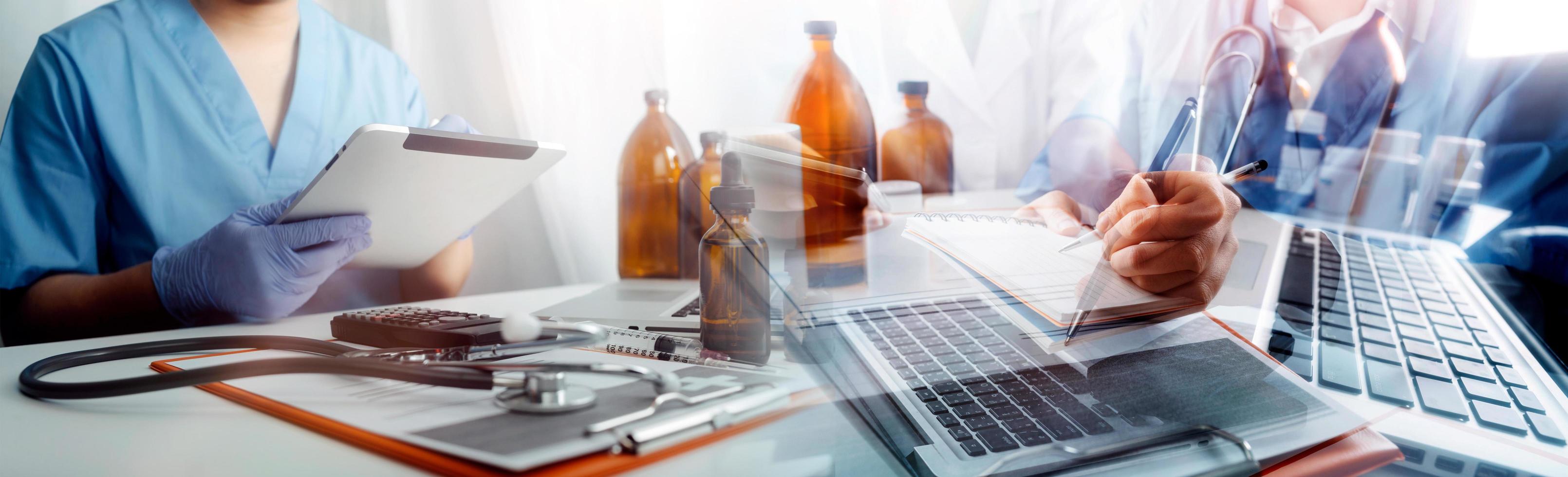 Medicine doctor hand working on a patients x-ray scans digital healthcare and connection with modern virtual screen interface icons, Medical technology and network concept. photo
