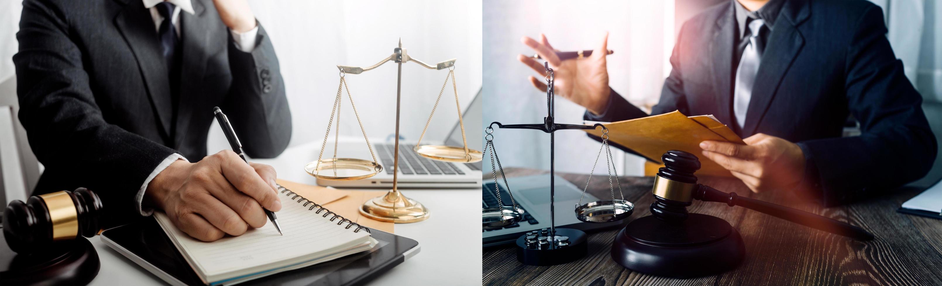 Justice and law concept.Male judge in a courtroom with the gavel, working with, computer and docking keyboard, eyeglasses, on table in morning light photo