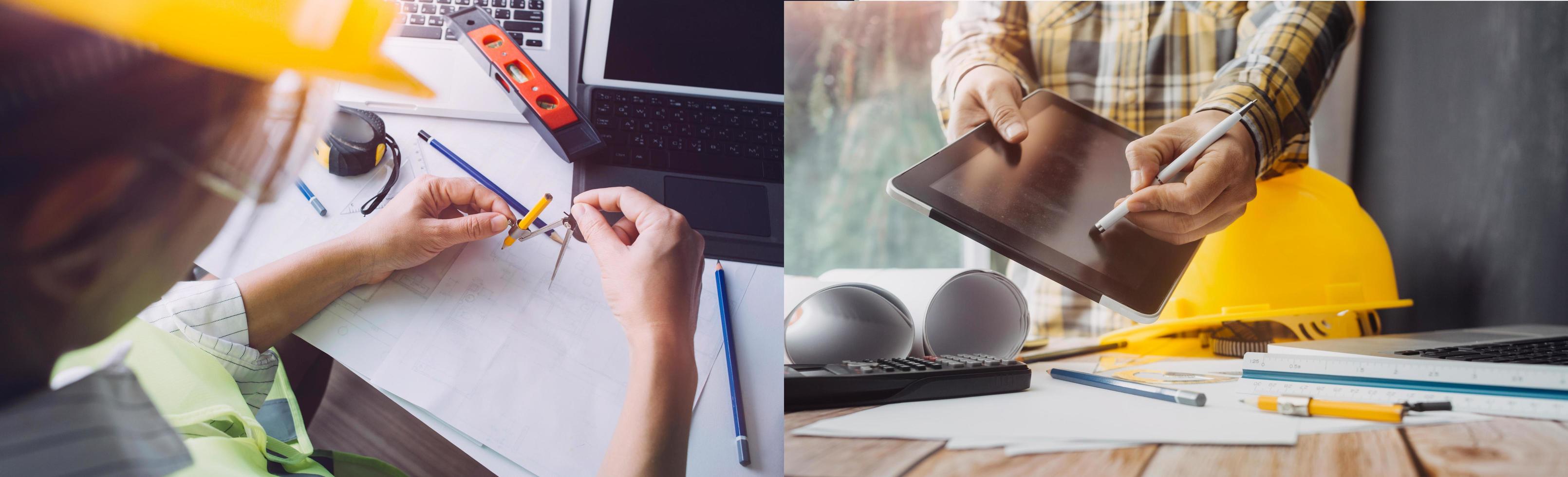 business hand working and laptop with on on architectural project at construction site at office desk in office photo