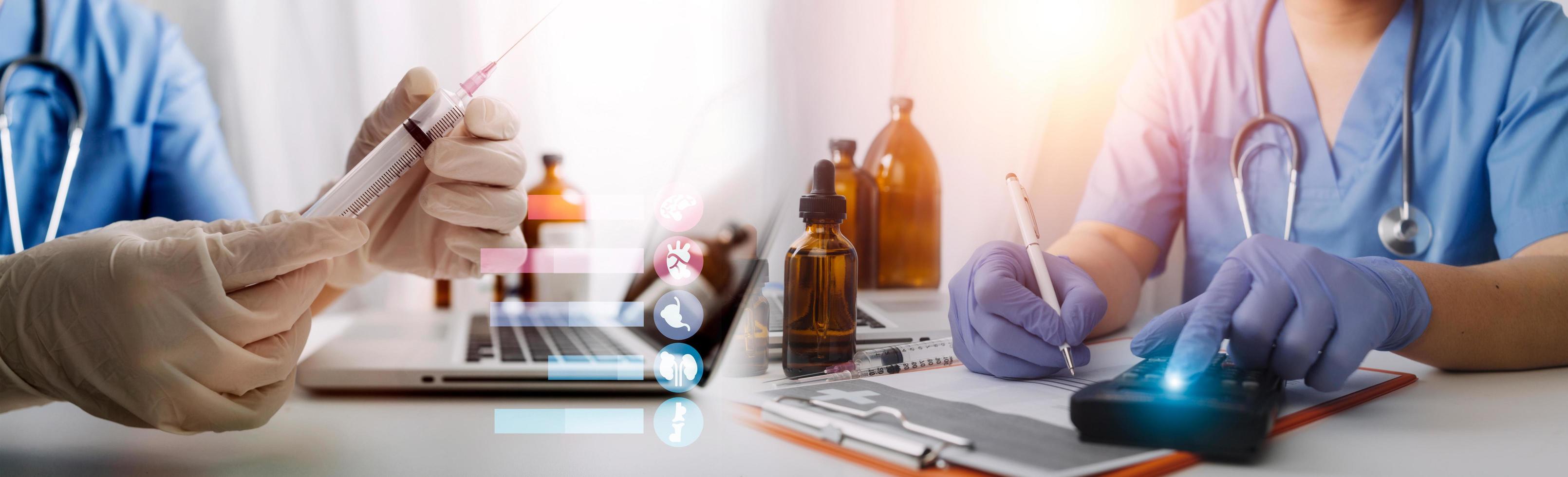 Double exposure of Doctor working with modern virtual screen interface, Healthcare And Medicine concept, Blurred background. photo