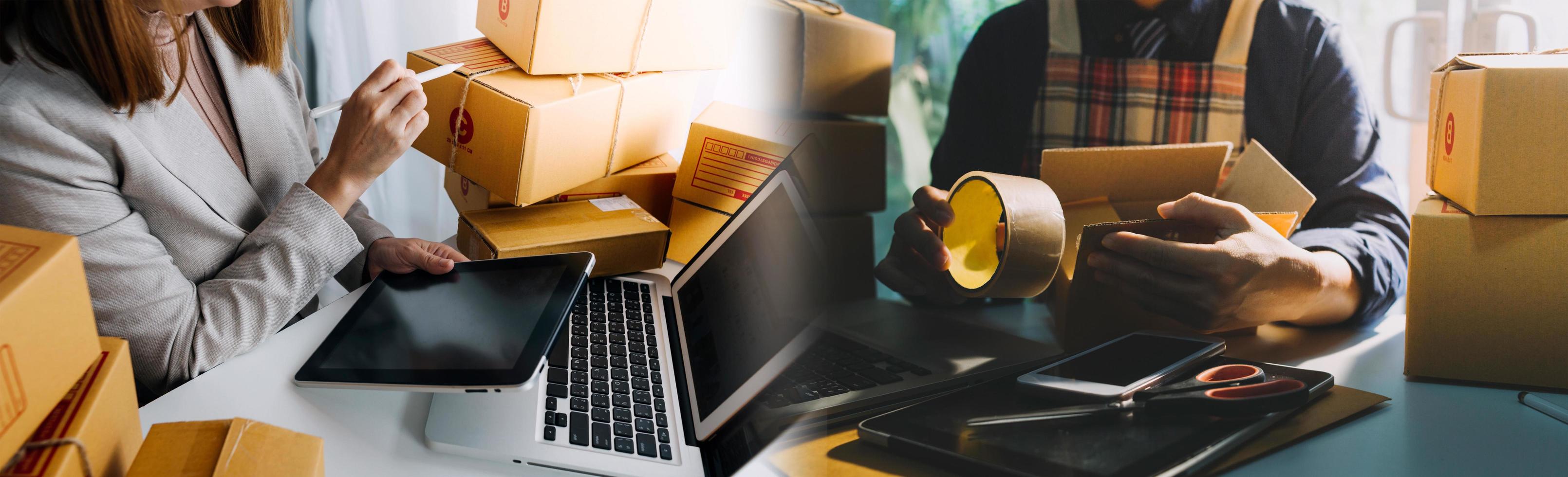 Online sales ideas for work at home. Asian man is answering phone calls. To accept orders from online customers.Very good sale. online Business and E-commerce photo