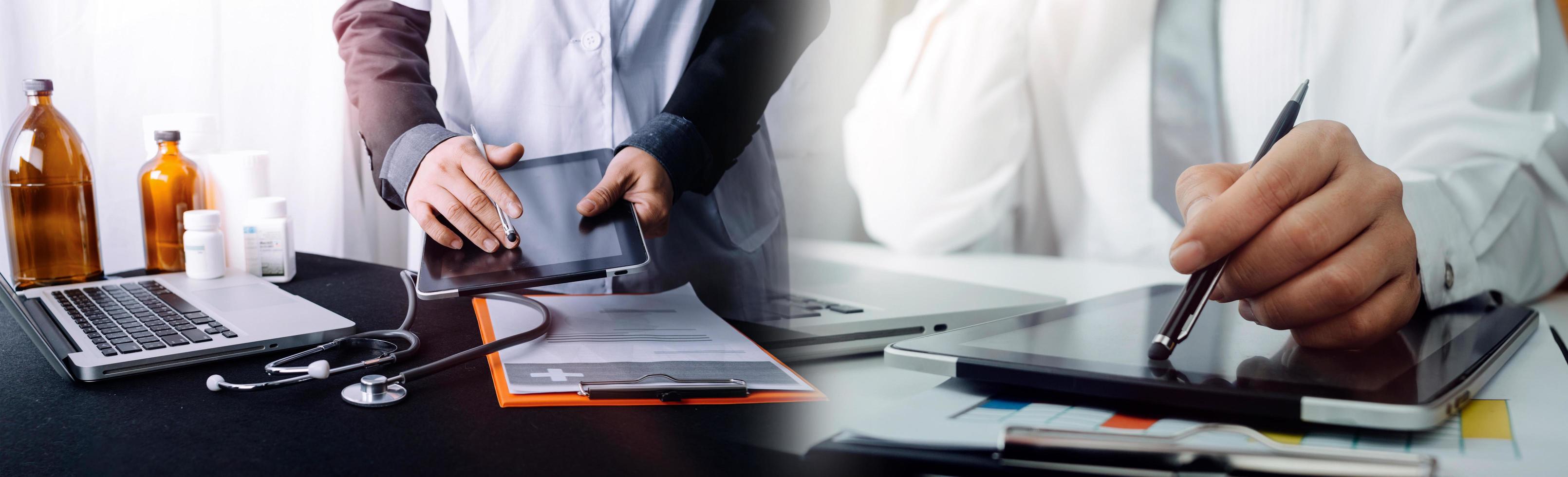 Medicine doctor hand working on a patients x-ray scans digital healthcare and connection with modern virtual screen interface icons, Medical technology and network concept. photo