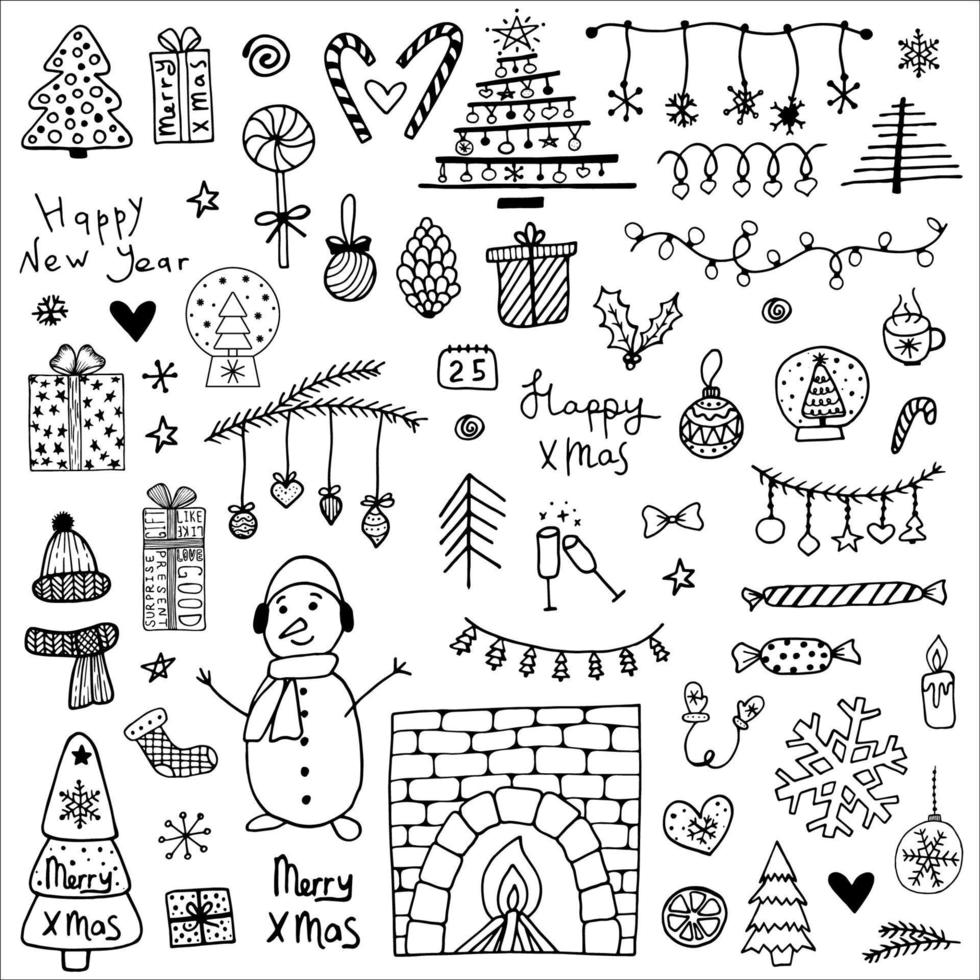 Doodle Christmas. Collection of winter elements. Spruce, Christmas ball, fireplace, snowman, snowflakes, gift, garland, pine cone, candle, glasses, candy. Cozy winter, New Year. vector