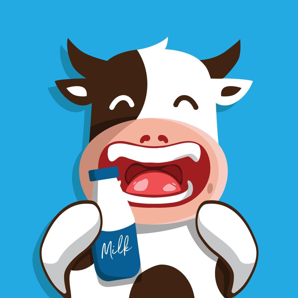 ilustración de una vaca lechera sosteniendo leche en una botella sonriendo alegremente vector