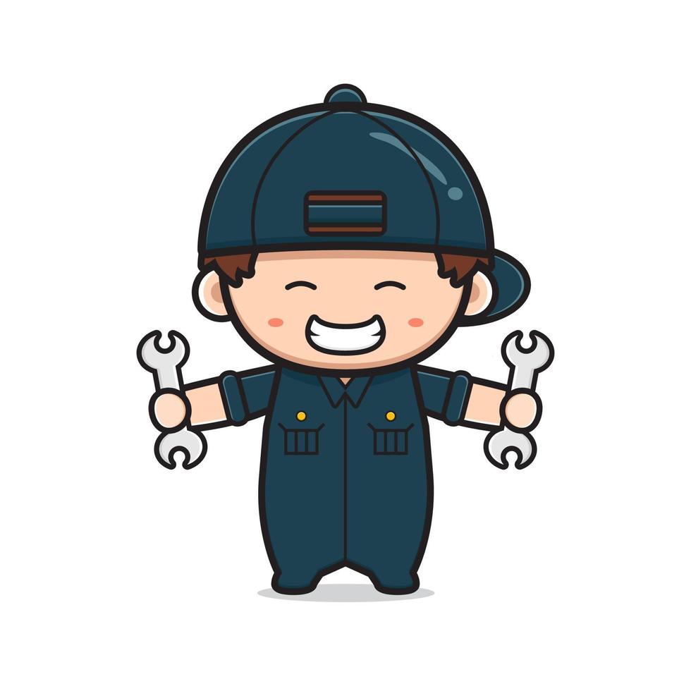 Cute mechanic holding wrench cartoon icon illustration vector