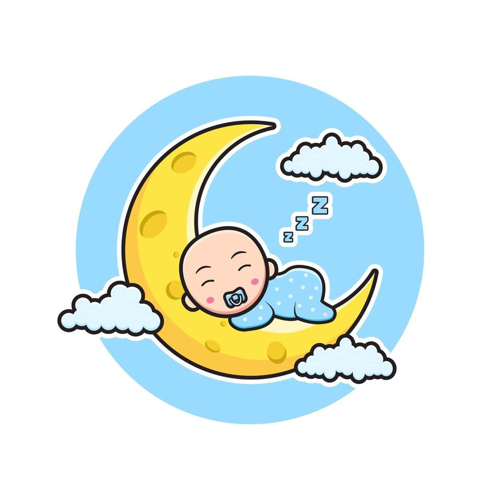Cute baby sleeping on the moon cartoon icon illustration vector