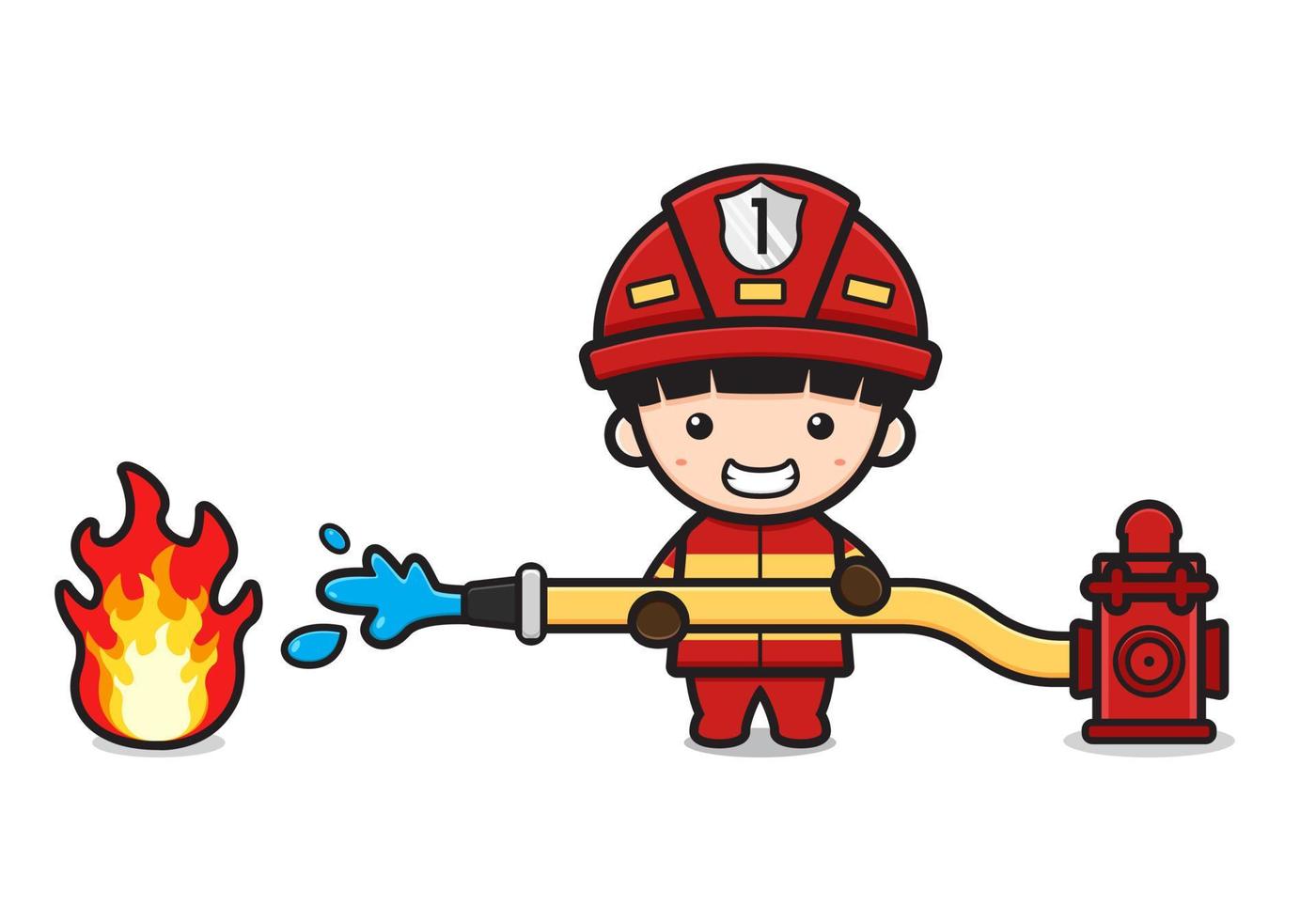 Cute firefighter extinguish the fire cartoon icon vector illustration