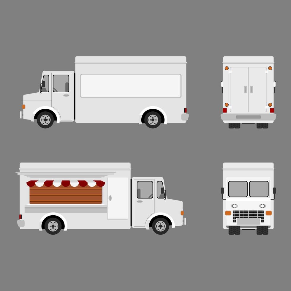 ilustración de vector de camión de comida en blanco editable en diferentes vistas para maqueta de marca y elemento de arte de vehículo de transporte o diseño relacionado con negocios de alimentos y bebidas