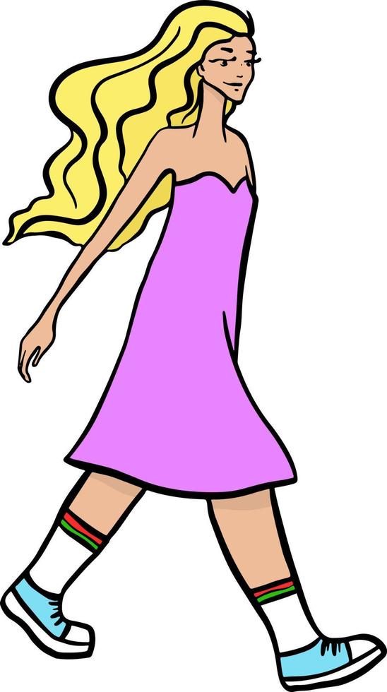 Fashion Girl in Purple Dress with Long Hair is Walking Fast. vector