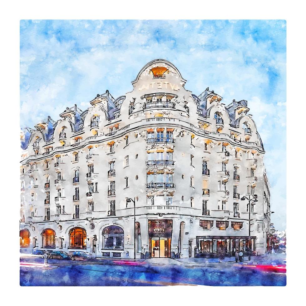 hotel lutetia parís francia acuarela boceto dibujado a mano ilustración vector