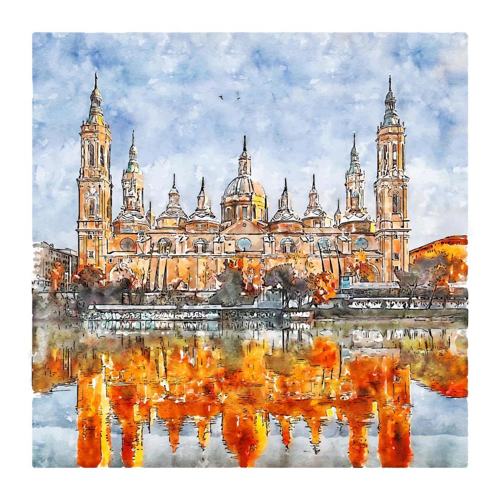 Zaragoza Spain Watercolor sketch hand drawn illustration vector