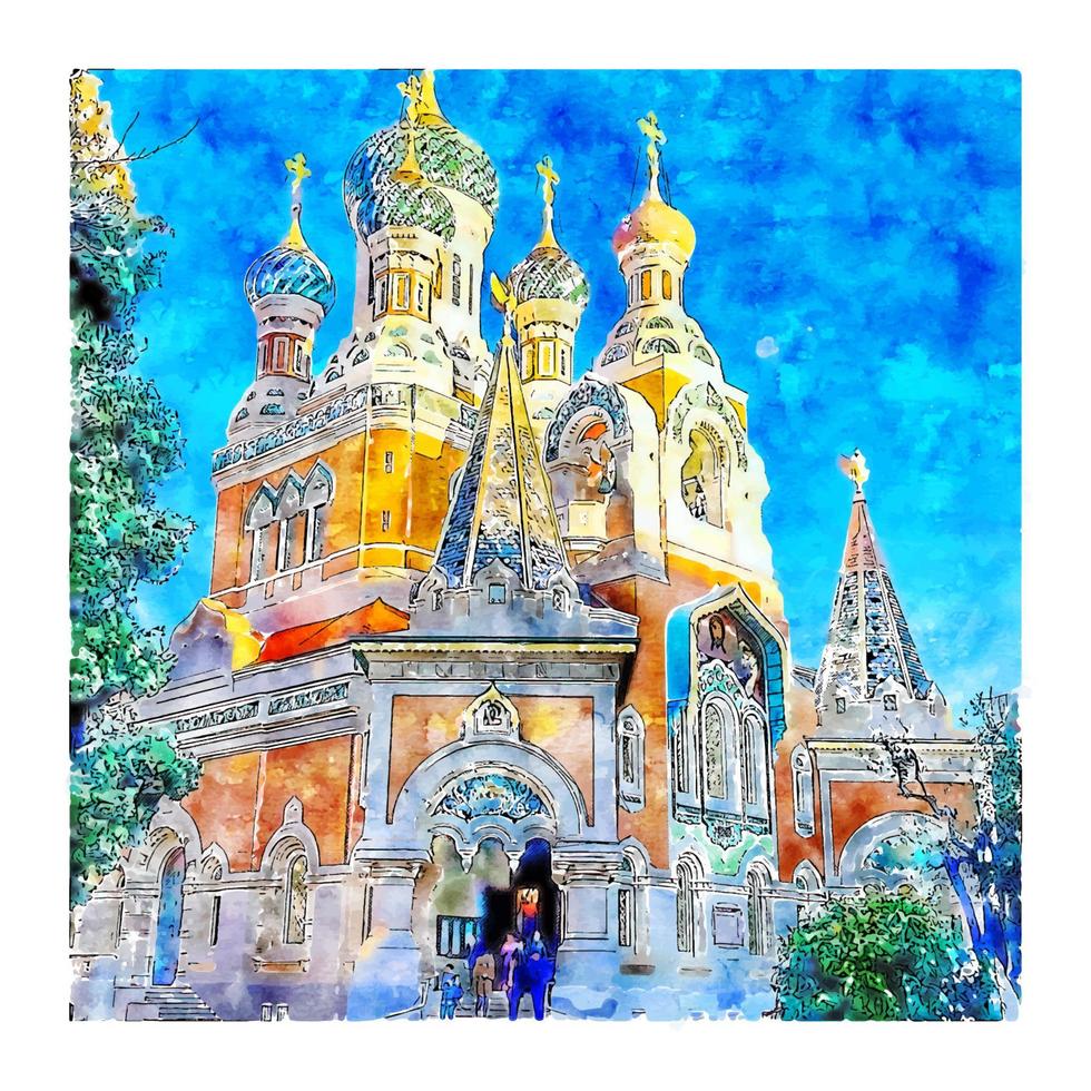 The St Nicholas Orthodox Cathedral France Watercolor sketch hand drawn illustration vector