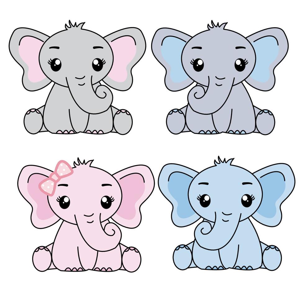 lindo conjunto de elefante bebé. ilustración de vector de personaje animal de dibujos animados divertidos para trucos de circo. conjunto de personajes de dibujos animados de elefantes aislados en fondo blanco.