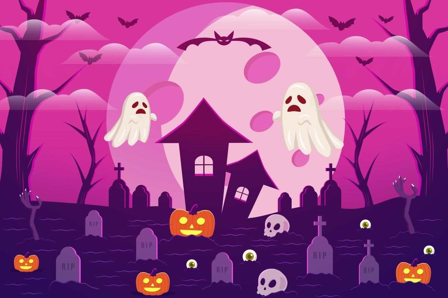 halloween scary background with pumpkin, tombstones, skulls, and ghost vector