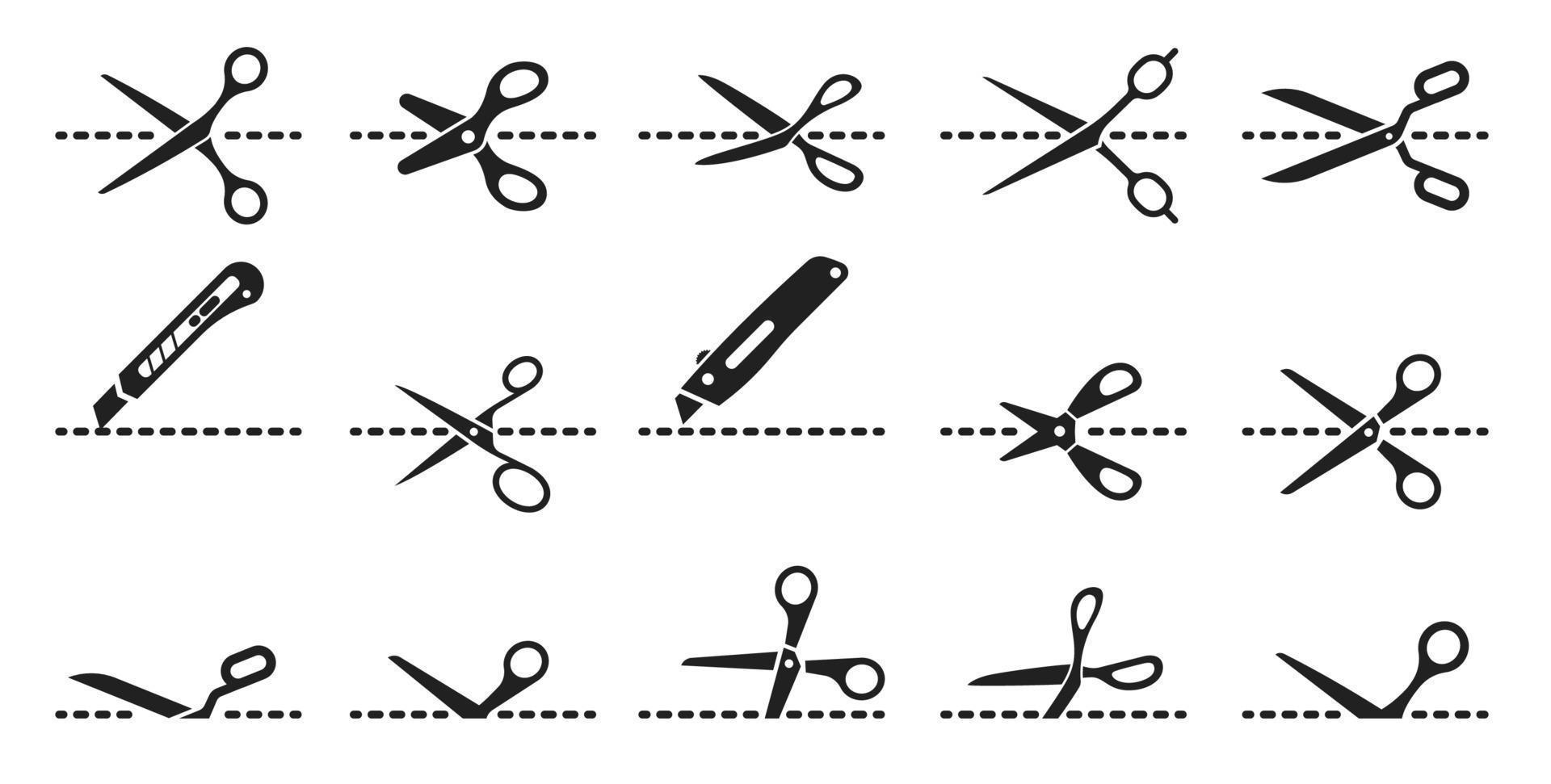 Cut lines, scissors, cutter or utility knife lines vector