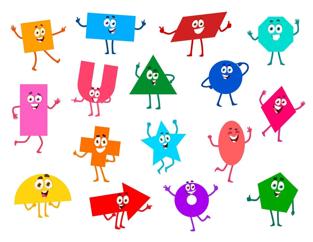 Math shape characters, cartoon geometric figures vector