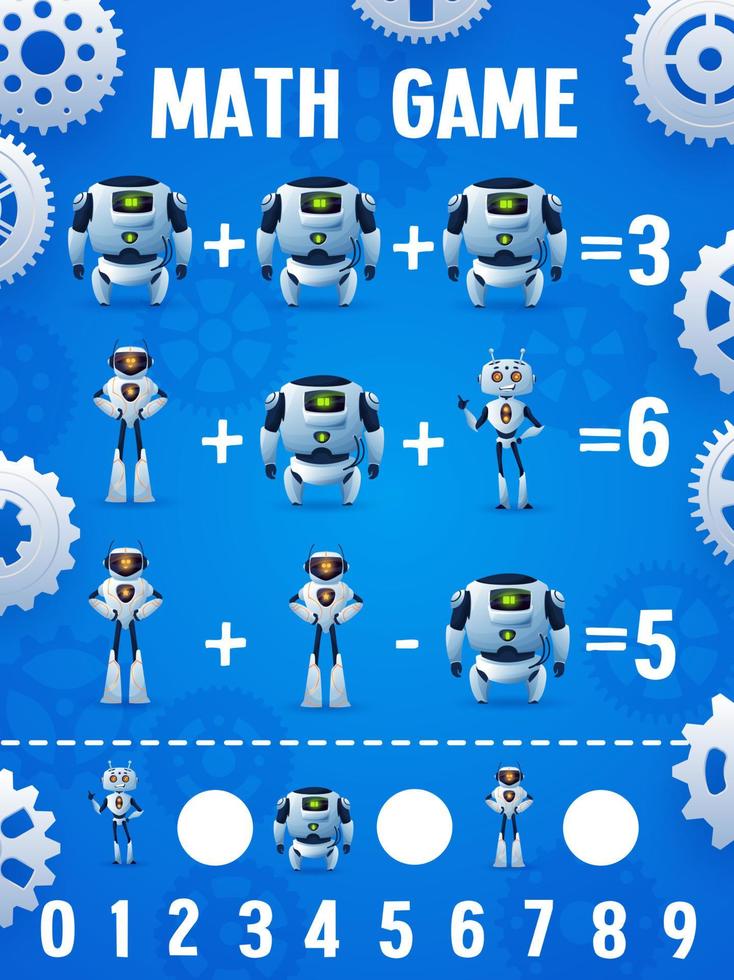 Math game worksheet of cartoon robots and droids vector