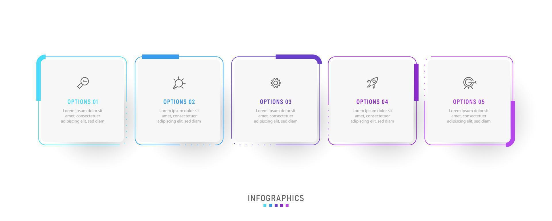 plantilla de diseño de etiquetas infográficas vectoriales con iconos y 5 opciones o pasos. se puede utilizar para diagramas de proceso, presentaciones, diseño de flujo de trabajo, banner, diagrama de flujo, gráfico de información. vector