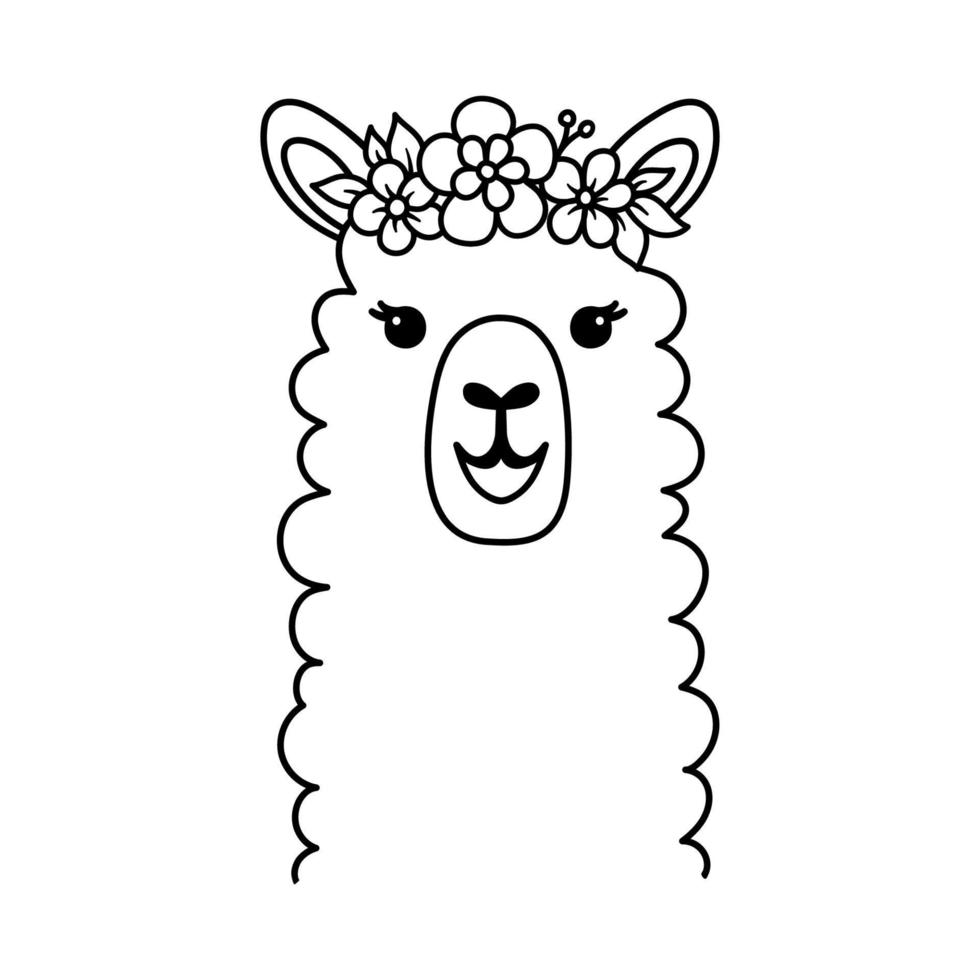 Hand drawn funny portrait of llama with floral wreath on head. Black and white line drawing for coloring page . Cute outline vector illustration isolated on white background.