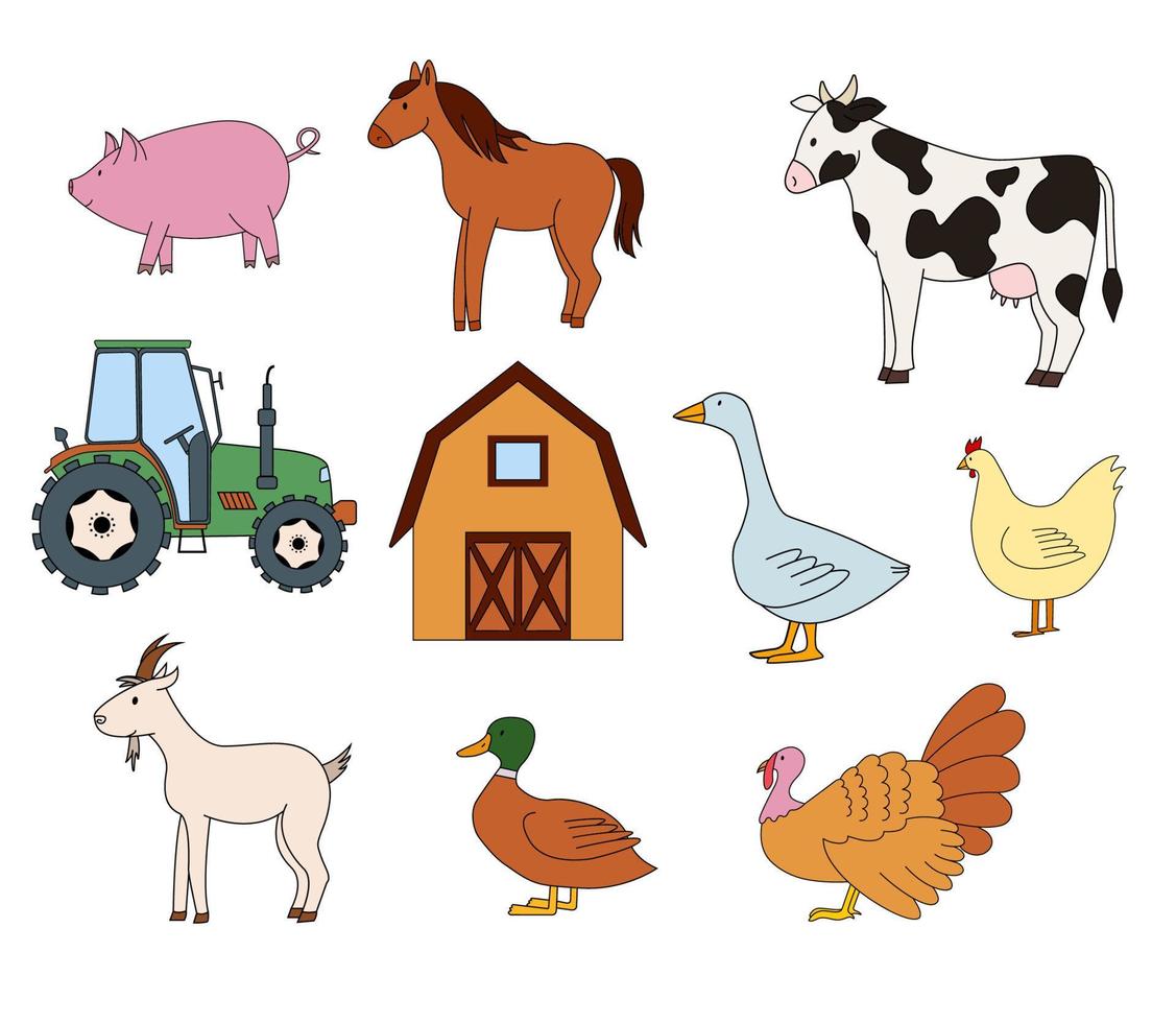 Vector illustration of farm animals and related items.