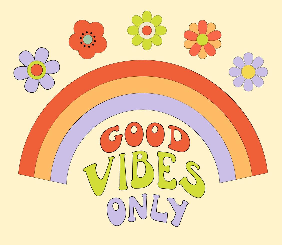 Groovy poster 80s with rainbow and flowers daisy. Retro print with hippie elements. Cartoon vector illustration with lettering Good vibes only