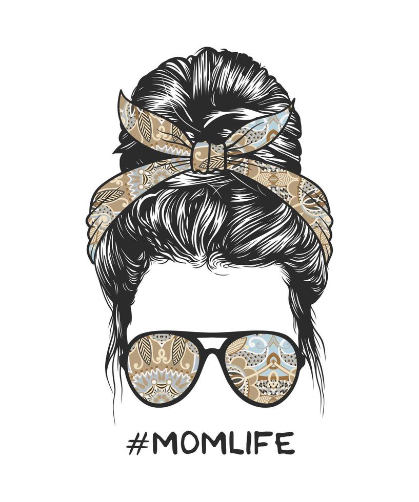 Woman messy bun hairstyle with retro flowers pattern headband and glasses illustration vector