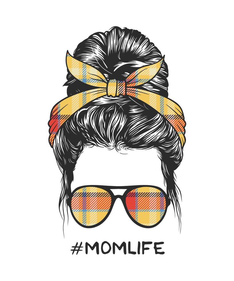 Woman messy bun hairstyle with square pattern headband and glasses vector illustration