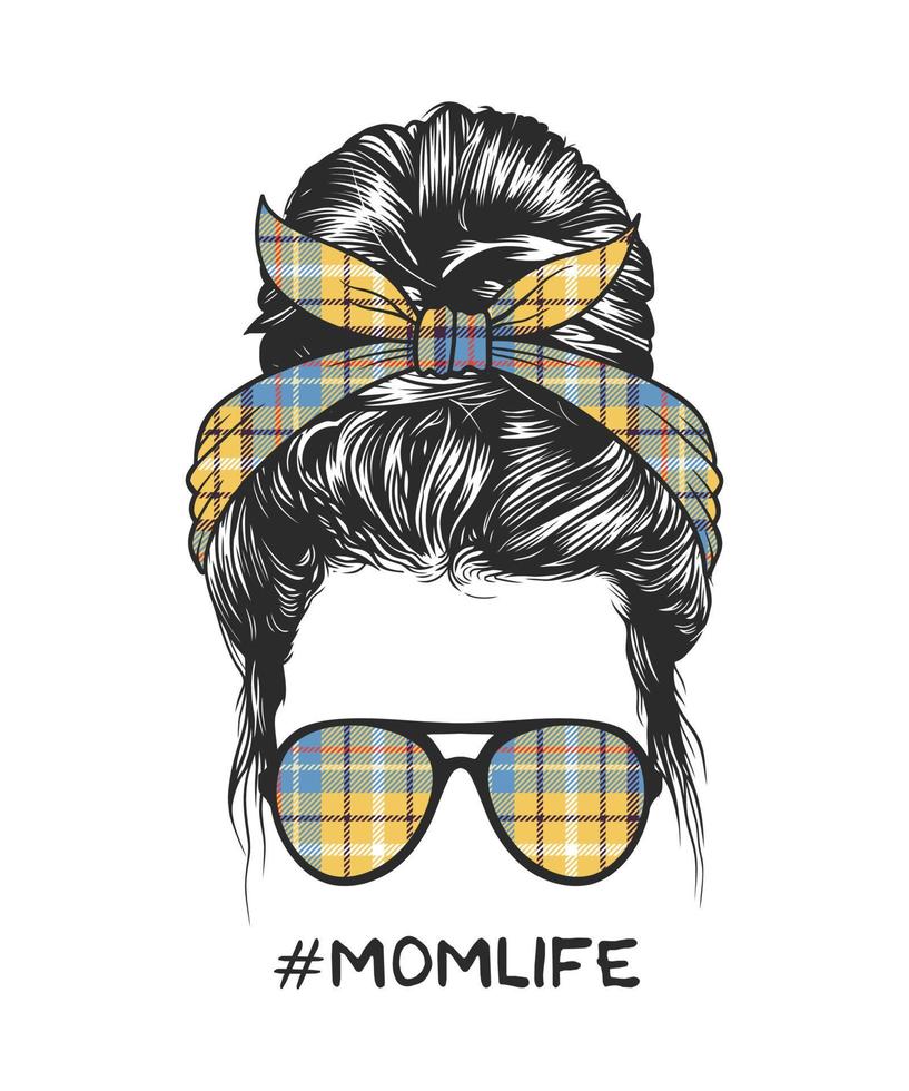 Woman messy bun hairstyle with nice square pattern headband and glasses illustration vector