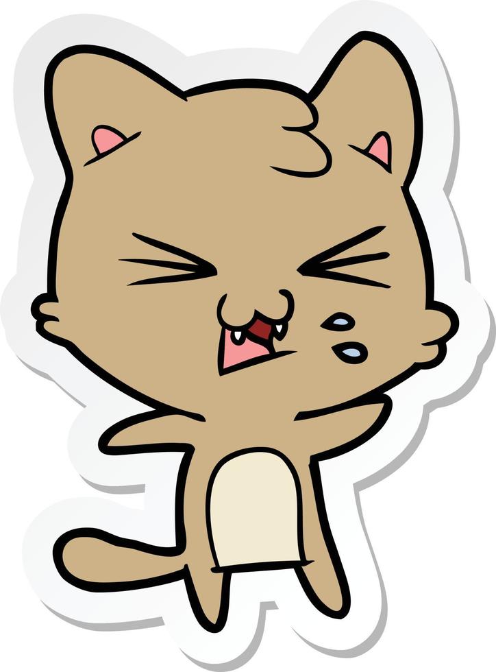 sticker of a cartoon hissing cat vector