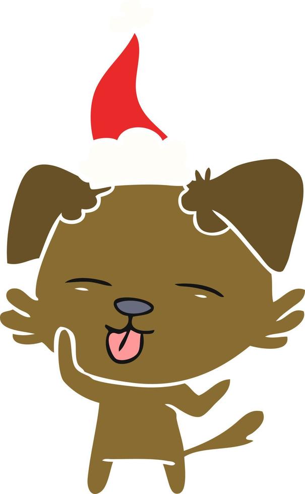 flat color illustration of a dog sticking out tongue wearing santa hat vector