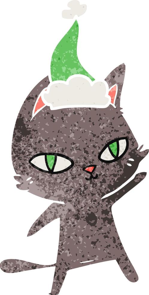 retro cartoon of a cat staring wearing santa hat vector