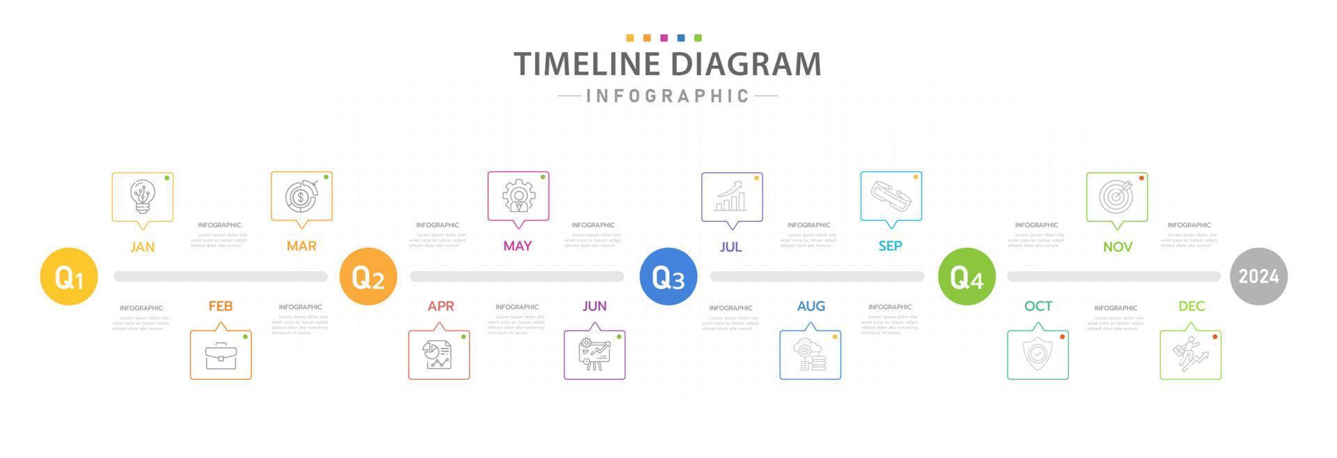 plantilla infográfica para negocios. Calendario de diagrama de línea de tiempo moderno de 12 meses con temas de 4 trimestres, infografía vectorial de presentación. vector