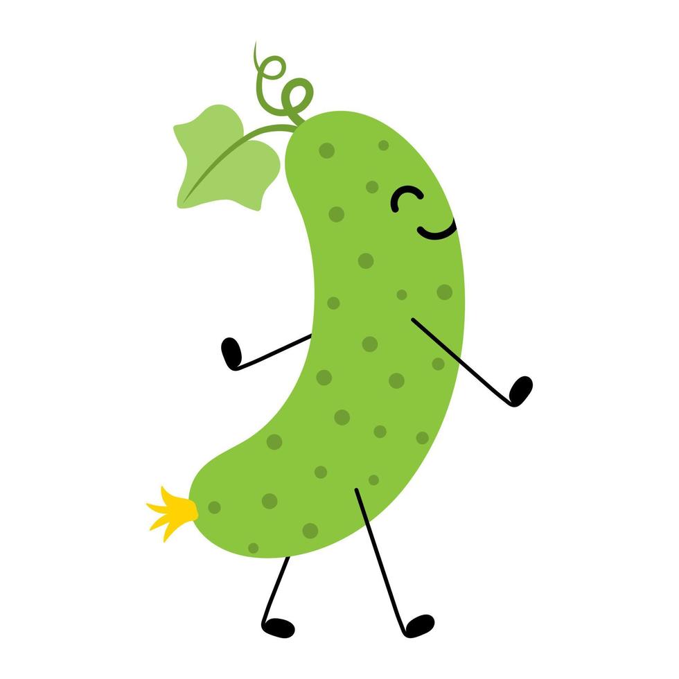 Cucumber cartoon cute happy smiling vegetable. Walking cucumber isolated on white background vector