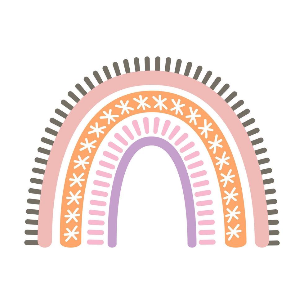 arco iris bohemio escandinavo aislado sobre fondo blanco. boho clipart dibujado a mano, decoración para niños con lindo arco iris. estilo etnico vector