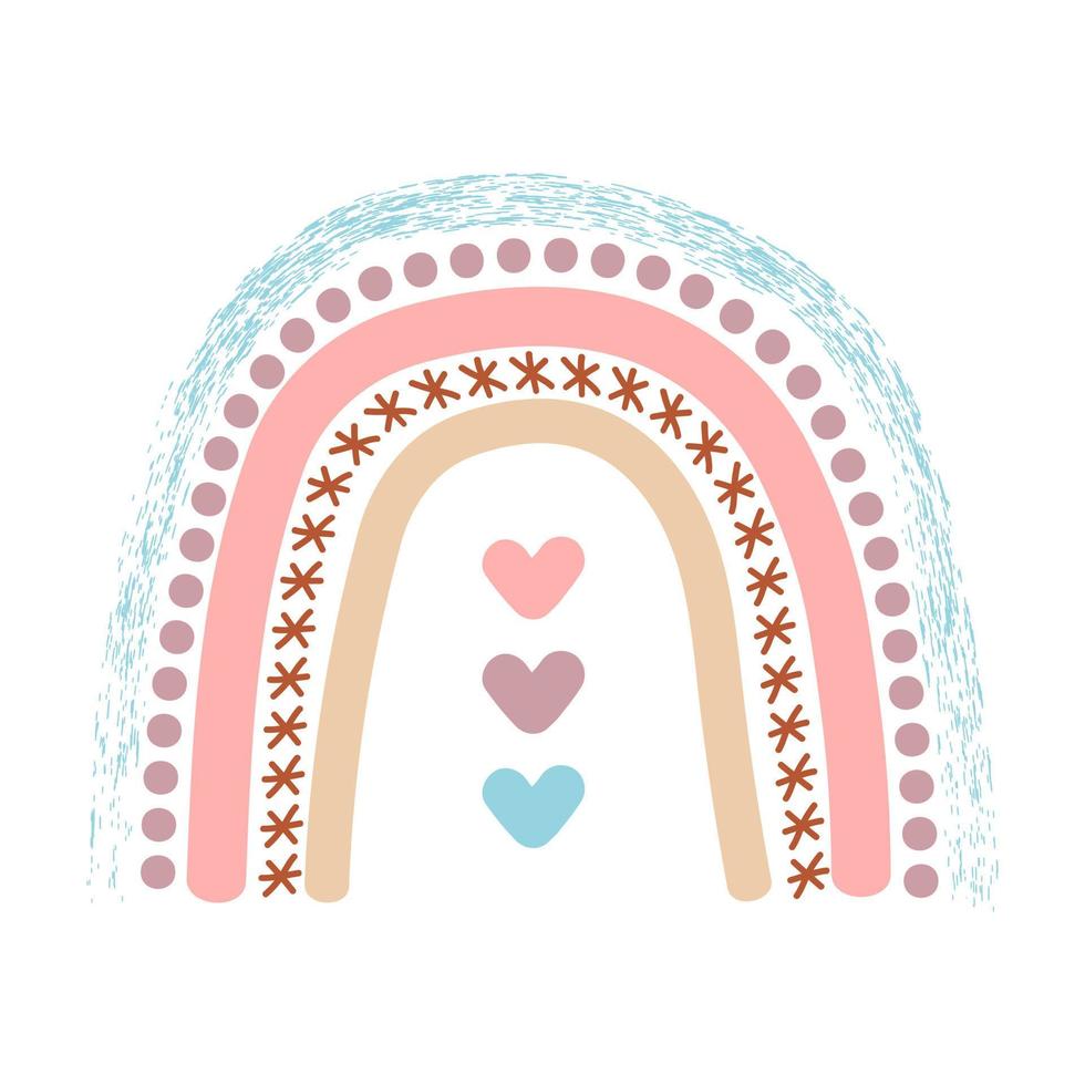 arco iris bohemio escandinavo aislado sobre fondo blanco. boho clipart dibujado a mano, decoración para niños con lindo arco iris. estilo romantico vector