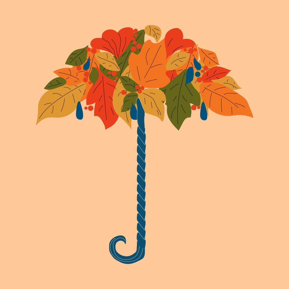 Autumn umbrella made of leaves. Vector in cartoon style. All elements are isolated