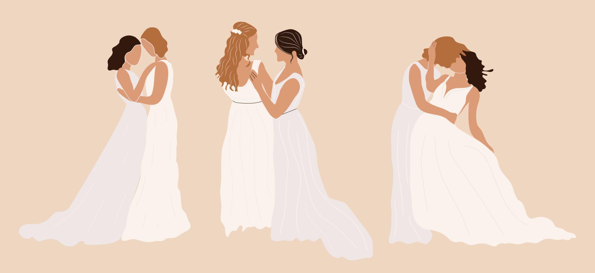 conjunto de parejas lesbianas y gay recién casadas vector ilustración plana. colección de lindas ceremonias de boda lgbt aisladas en blanco.