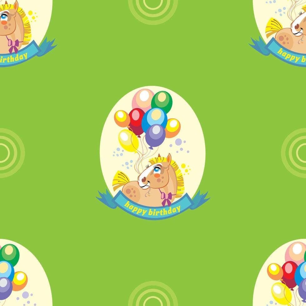 Seamless vector pattern with pony and balloons on green background