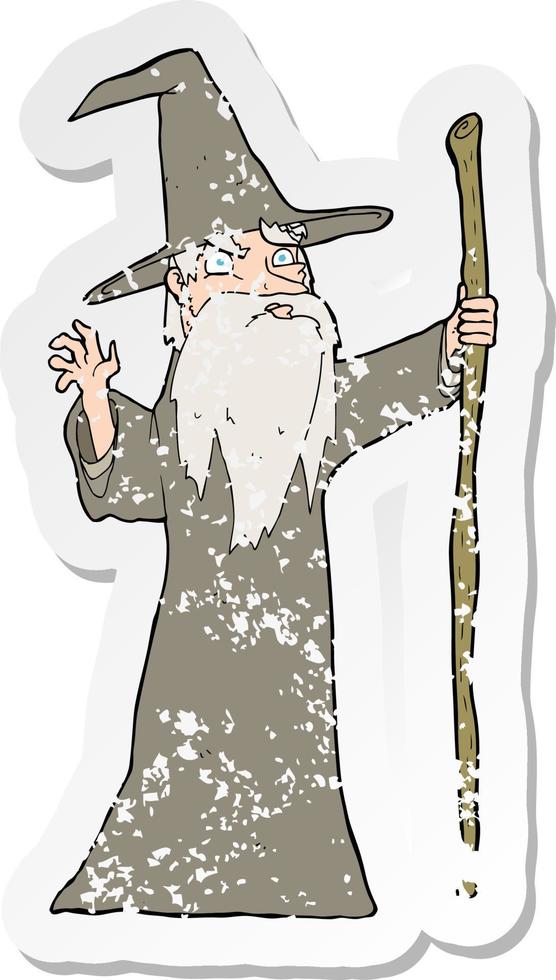 retro distressed sticker of a cartoon old wizard vector