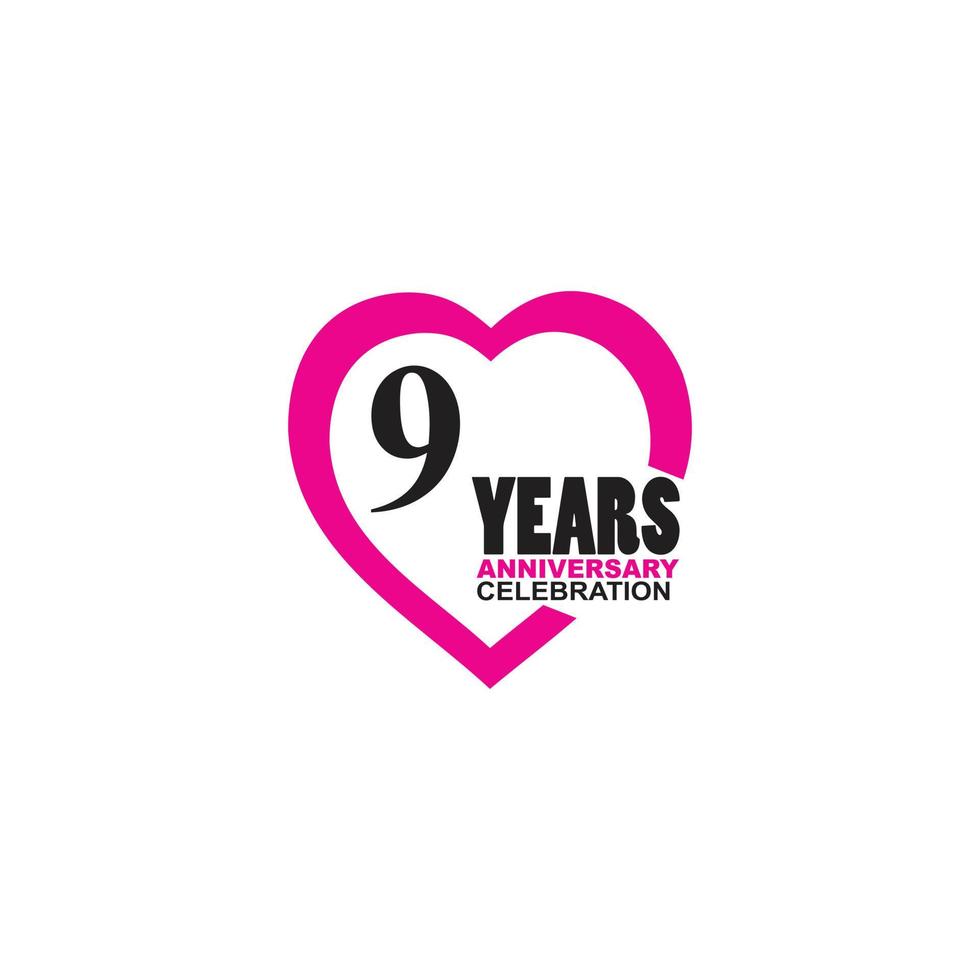 Logo simple de celebración de 9 aniversario con diseño de corazón vector