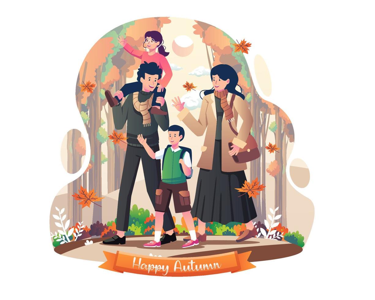 la familia feliz y los niños caminan afuera en el parque en otoño. ilustración vectorial en estilo plano vector