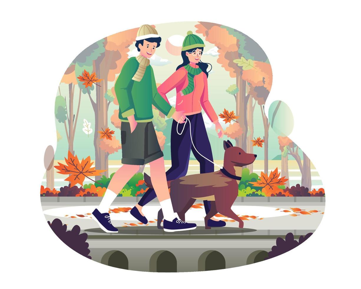 A young couple is walking together in the park with their pet dog. People walking with pets in autumn. Vector illustration in flat style