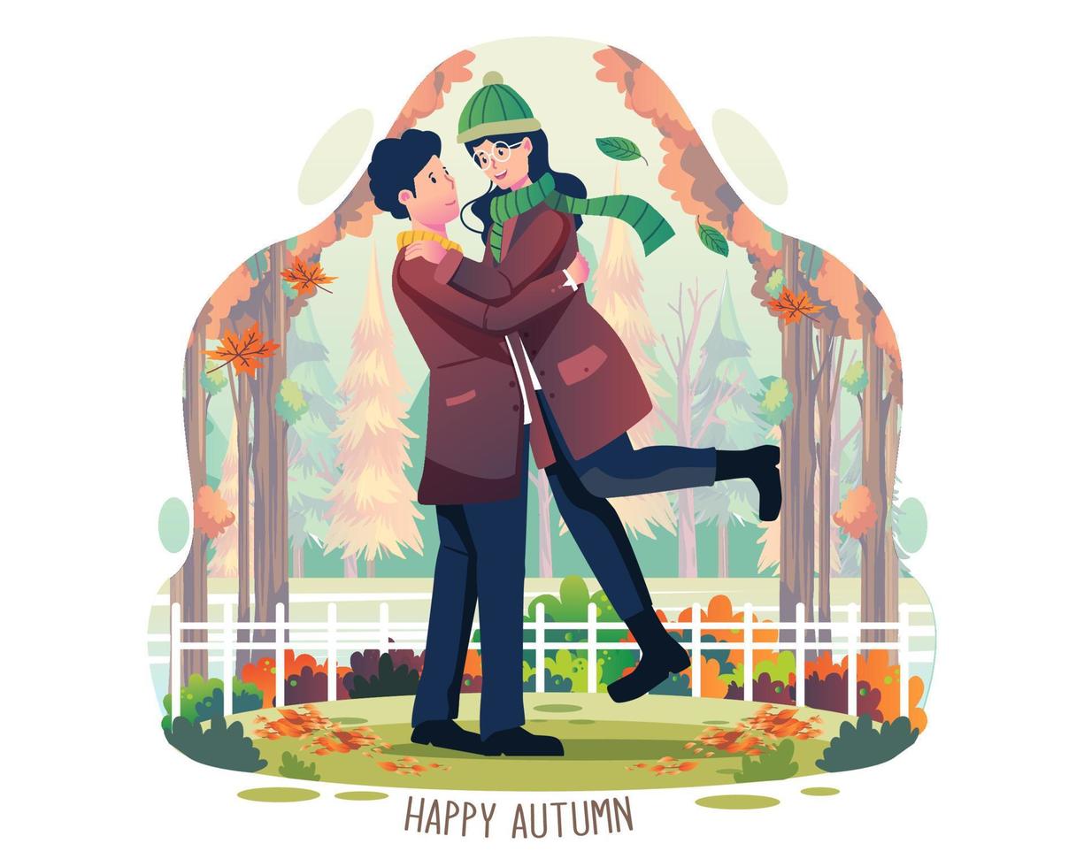 feliz otoño con una pareja caminando se está abrazando en el parque de otoño. hombre y mujer disfrutando de la ilustración de vector de temporada de otoño en estilo plano