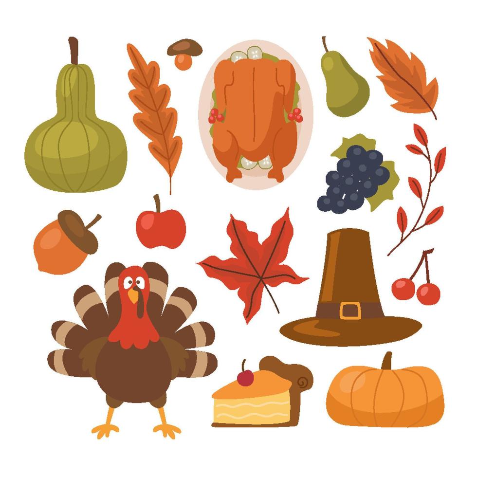 Thanksgiving day. Vector elements of thanksgiving celebration harvest and icons. Traditional turkey, cornucopia horn, pilgrim hat, pumpkin, fruit pie, vegetables harvest, plenty of food products