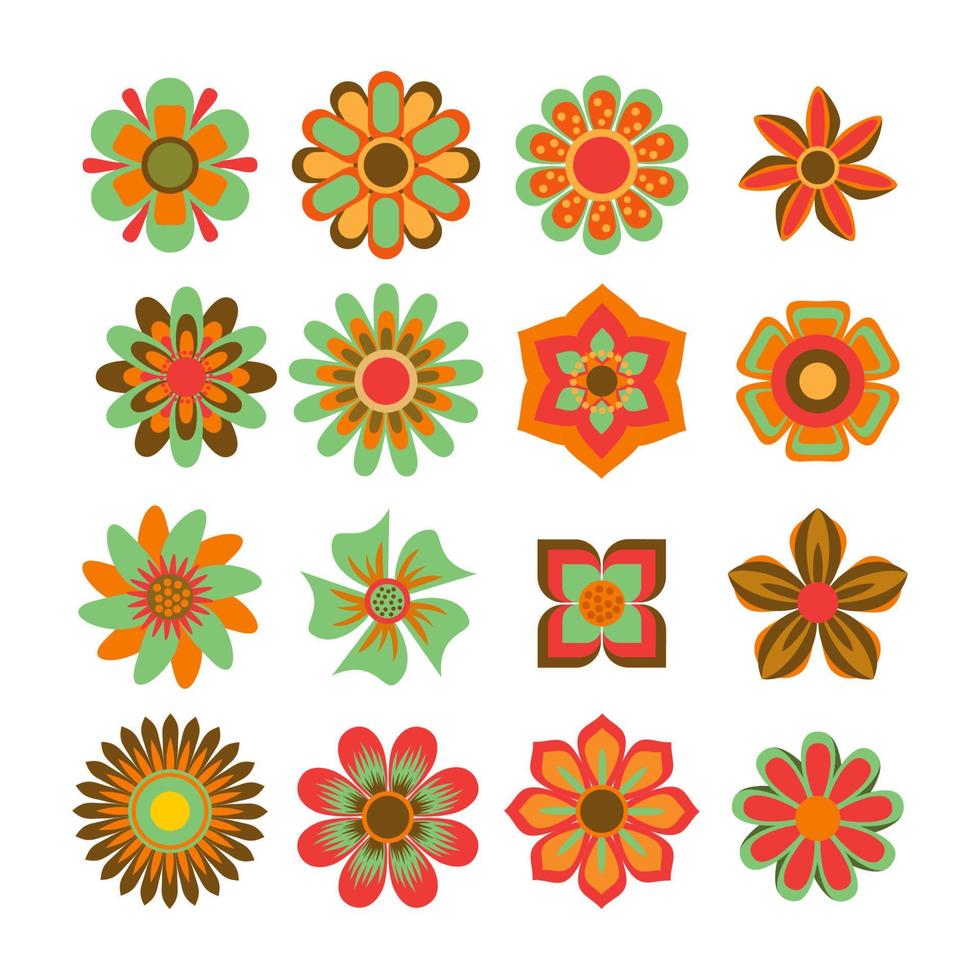 colorido floral retro hippie groovy vintage flor geométrica abstracta, hojas de geometría, divertido estampado multicolor para tela, papel, cualquier diseño de superficie. papel pintado psicodélico vector