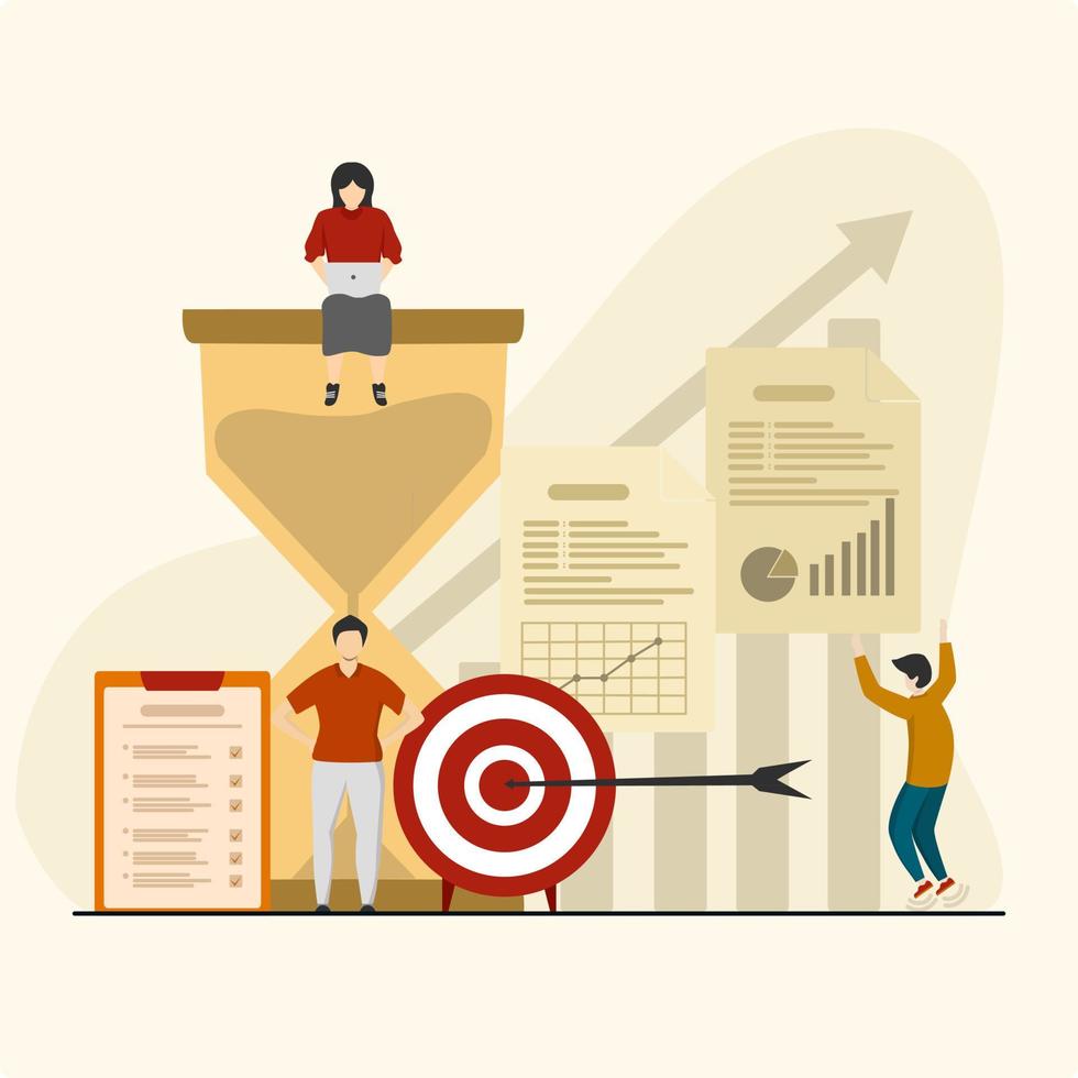 Little people develop a system of self-control. focus on targets and achievement of goals for productive work. Time management and development concept vector